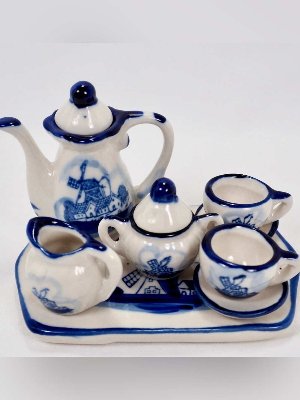 Holland Delft Blue Miniature Tea Set with Dutch Windmill